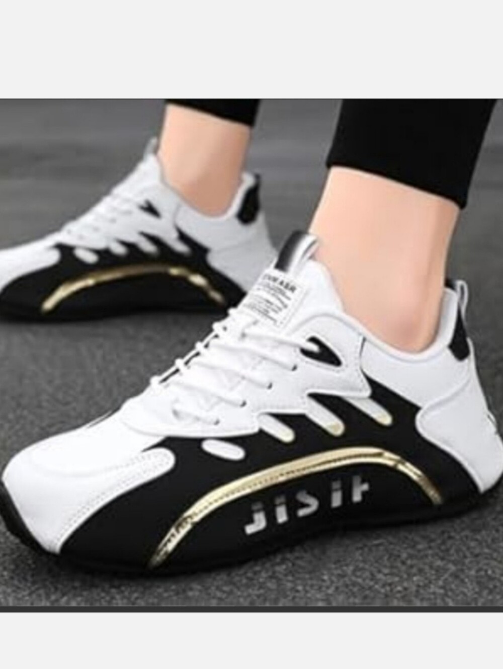 Men's White and Black Sneakers with Gold Accent